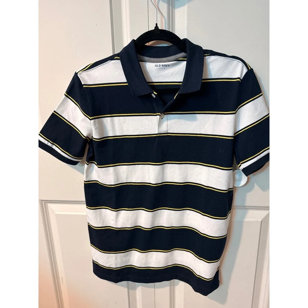 Old Navy Boys XL 14-16 Striped Polo Shirt Navy Blue White Yellow Short Sleeve